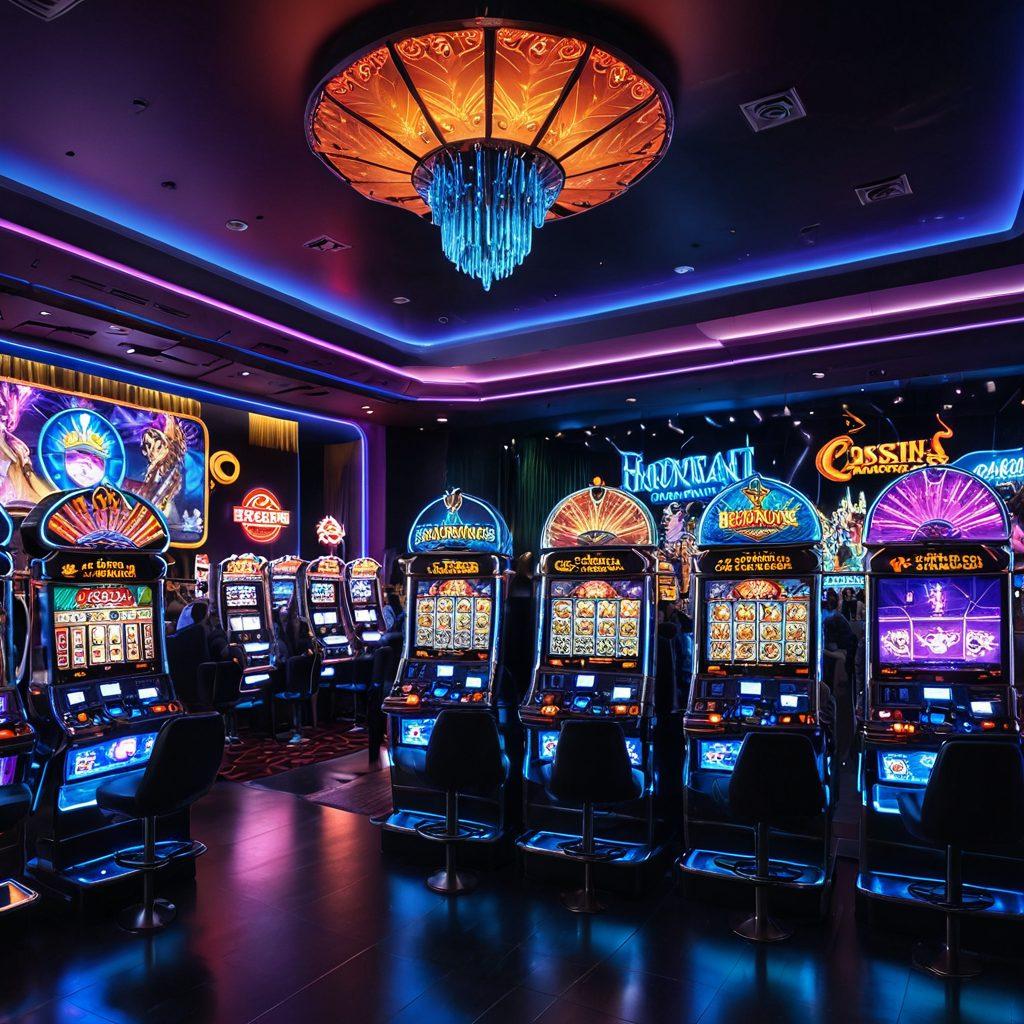 A captivating scene of a futuristic casino filled with vibrant, fantasy-themed slot machines featuring anime-style characters and colorful graphics. Include players excitedly interacting with the games, surrounded by bright neon lights and holographic displays. In the background, a whimsical landscape merges with the casino, incorporating elements of fantasy, like mythical creatures and enchanting forests. The atmosphere is lively and inviting, showcasing a unique blend of fantasy and casino excitement. vibrant colors. cyberpunk.