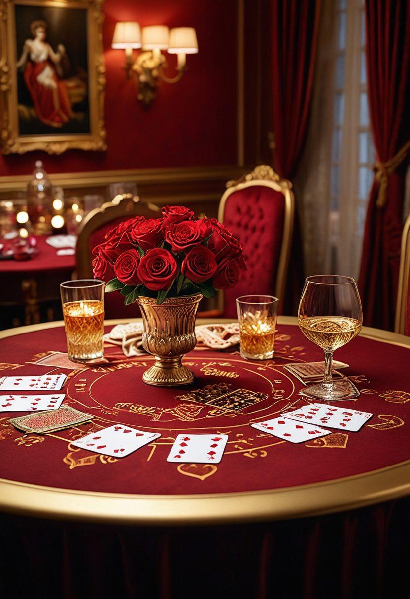 A dramatic scene featuring elegantly designed playing cards, each card showcasing rich, seductive illustrations symbolizing adult content, intertwined with elements of gambling culture like dice and poker chips. The background is a plush, dimly lit casino setting infused with soft red and gold tones, evoking a sense of allure and excitement. Include subtle shadows to enhance the mystique and a table setting that suggests intimate gatherings. Enhance with a glossy finish to give a luxurious feel. super-realistic. vibrant colors.